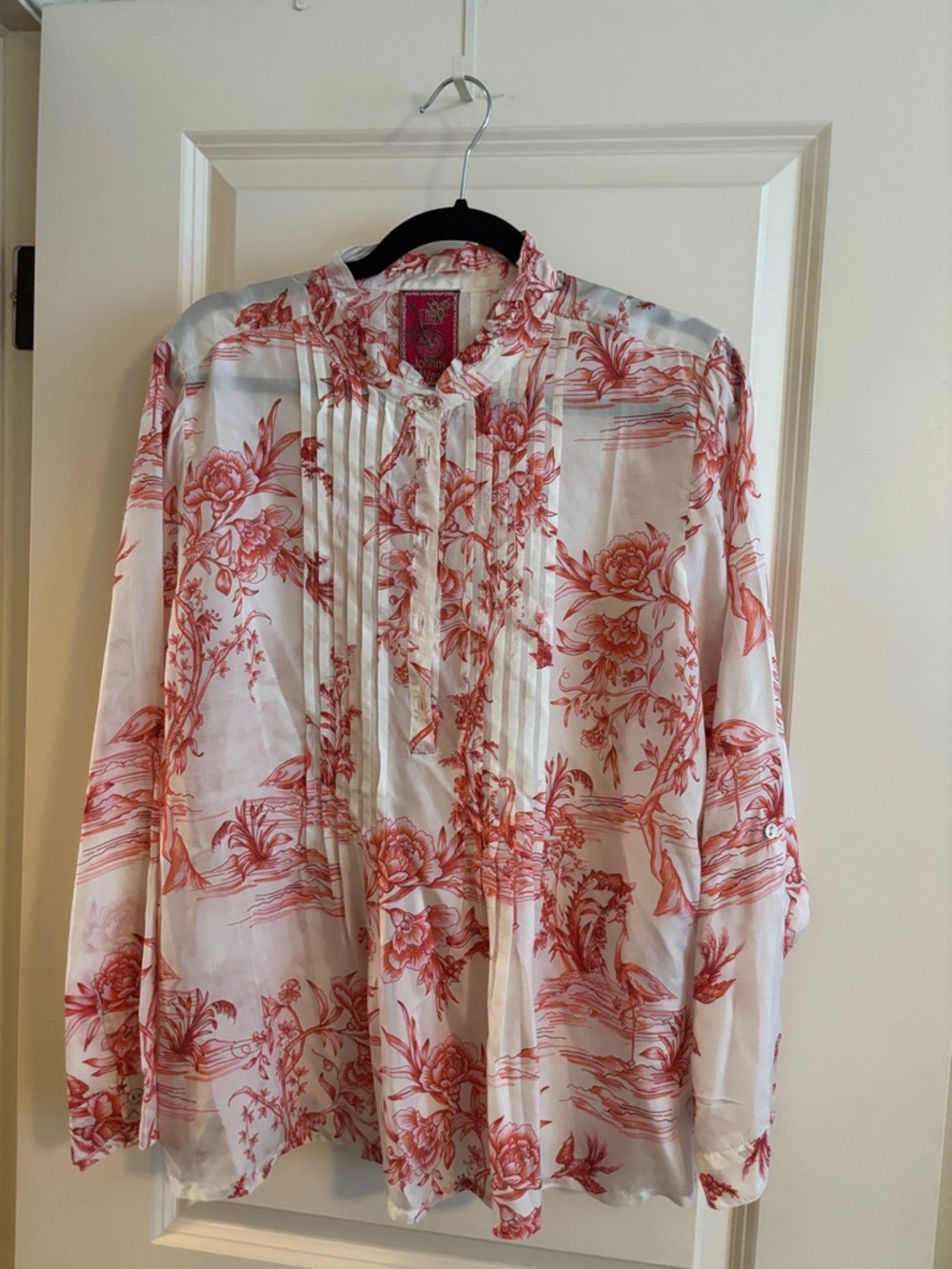 Johnny Was White Blouse with Coral Floral Print